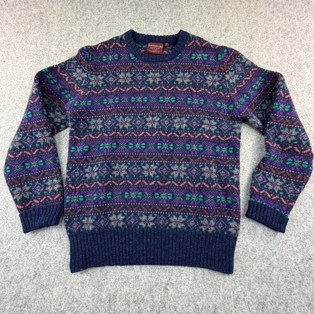 Chaps Ralph Lauren Shetland Wool Fair Isle Sweater Mens Medium Navy Vintage